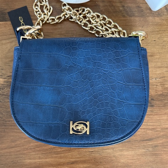 BEBE Michelle Mini Saddle Bag Crossbody Chain Strap Shoulder Purse Blue * NEW * - Picture 2 of 8